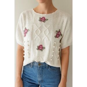 VTG Shenanigans Sweater Women's L White Floral Embroidered Popcorn‎ Knit (M516)